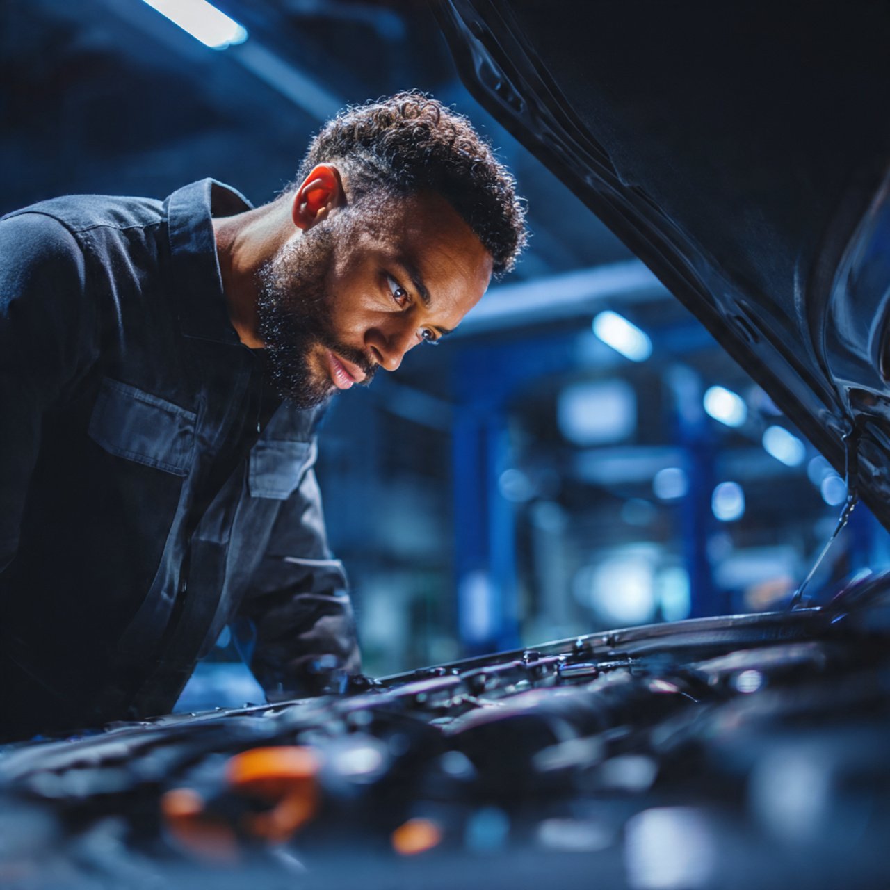 A professional auto mechanic inspecting a modern 1
