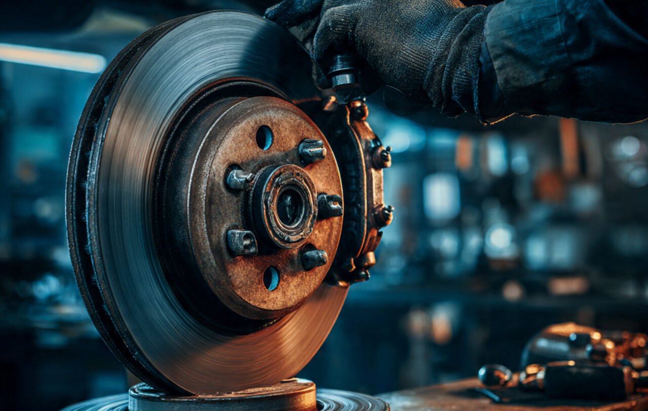 Close up automotive workshop scene showing brake service e1769357831770