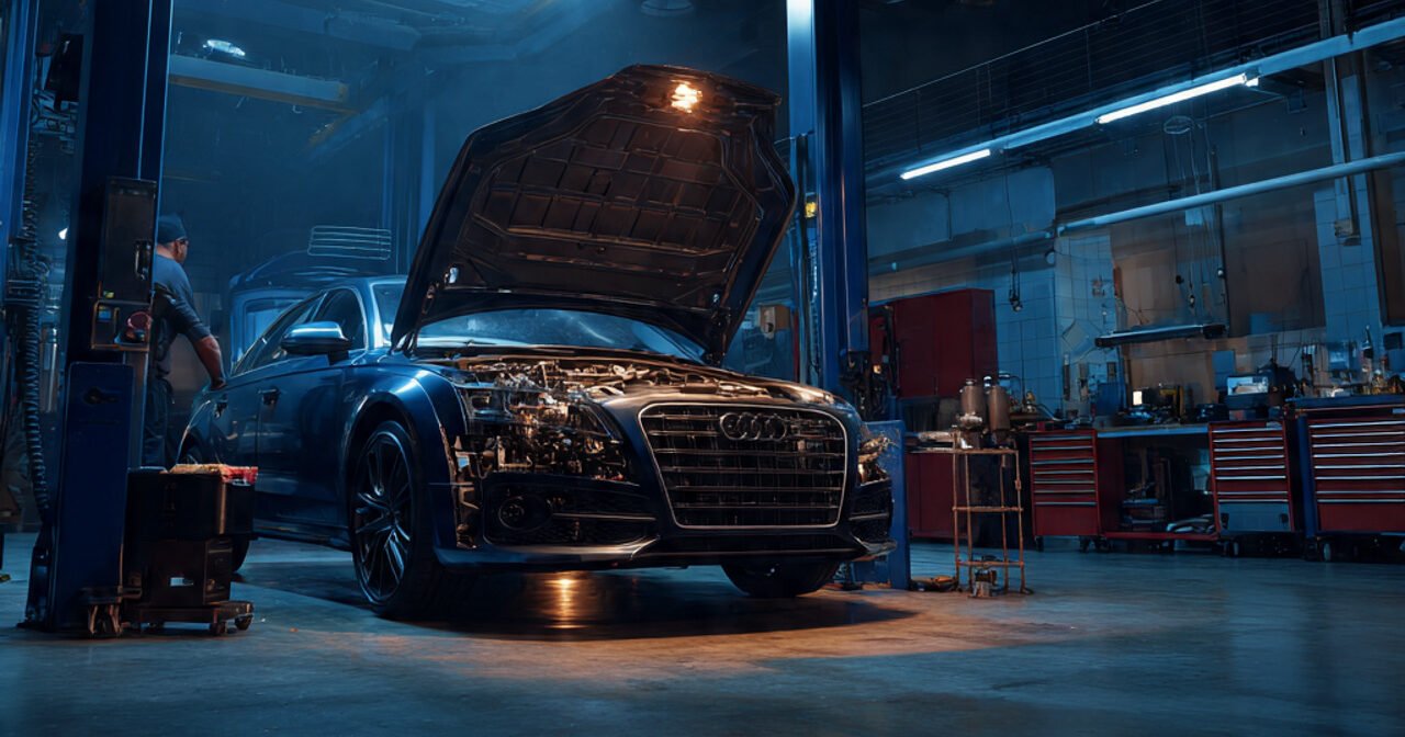 Ultra realistic automotive workshop scene inside a professional e1769356190219